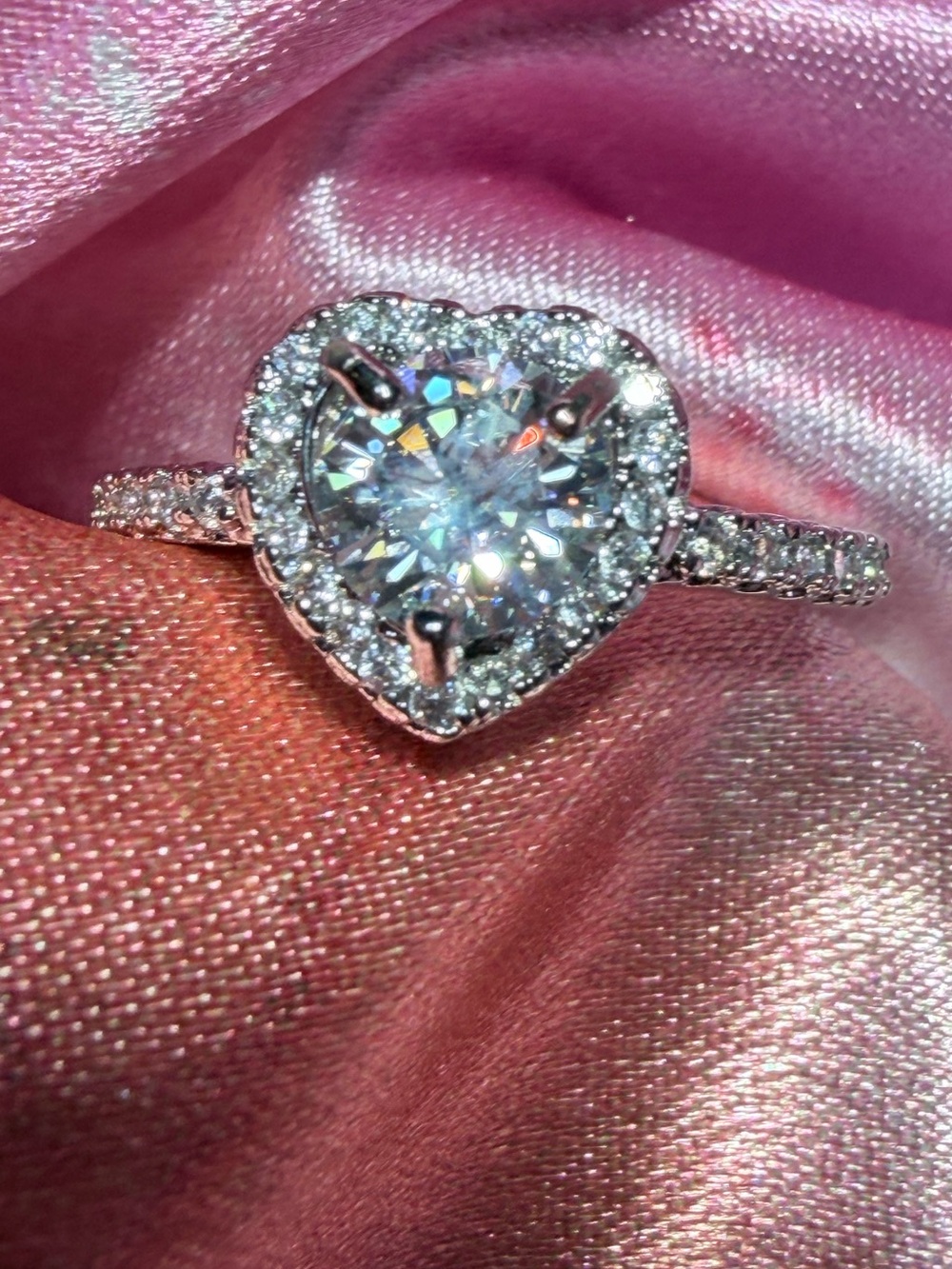 New Sparkling Moissanite Heart Shape with Halo and Shimmering Stones on Band